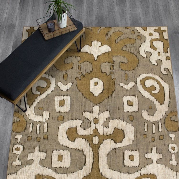 Ochre Ikat Grey Gold Washable Rug