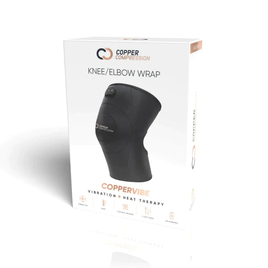 Packaging for the CopperVibe Vibration+Heat Therapy Knee/Elbow Wrap