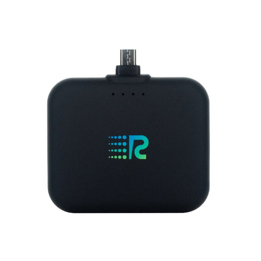 A compact and portable black charger with a logo on the front, featuring a single charging port.