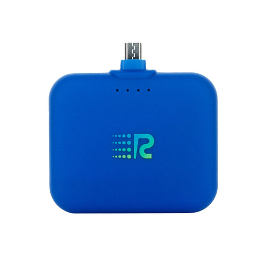 A compact and portable black charger with a logo on the front, featuring a single charging port.