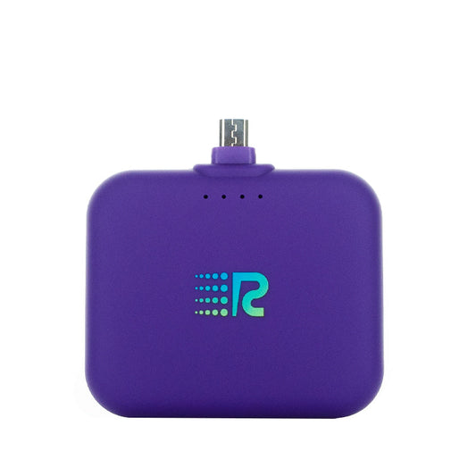 A compact and portable black charger with a logo on the front, featuring a single charging port.