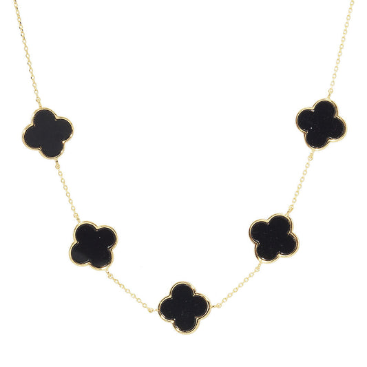 Mother of Pearl Clover Station Necklace- Gold/Black