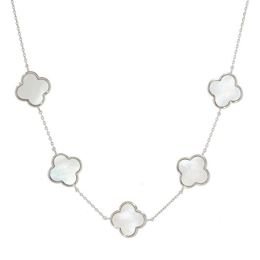 Mother of Pearl Clover Station Necklace-White Gold/Mother of Pearl