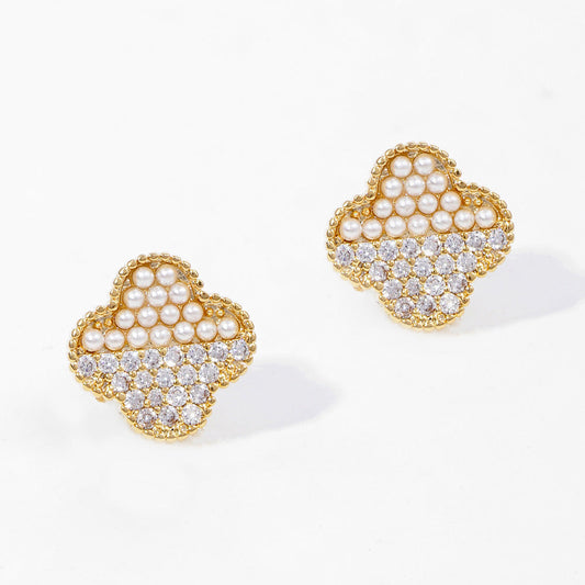 Pearl/CZ Clover Stud Earrings