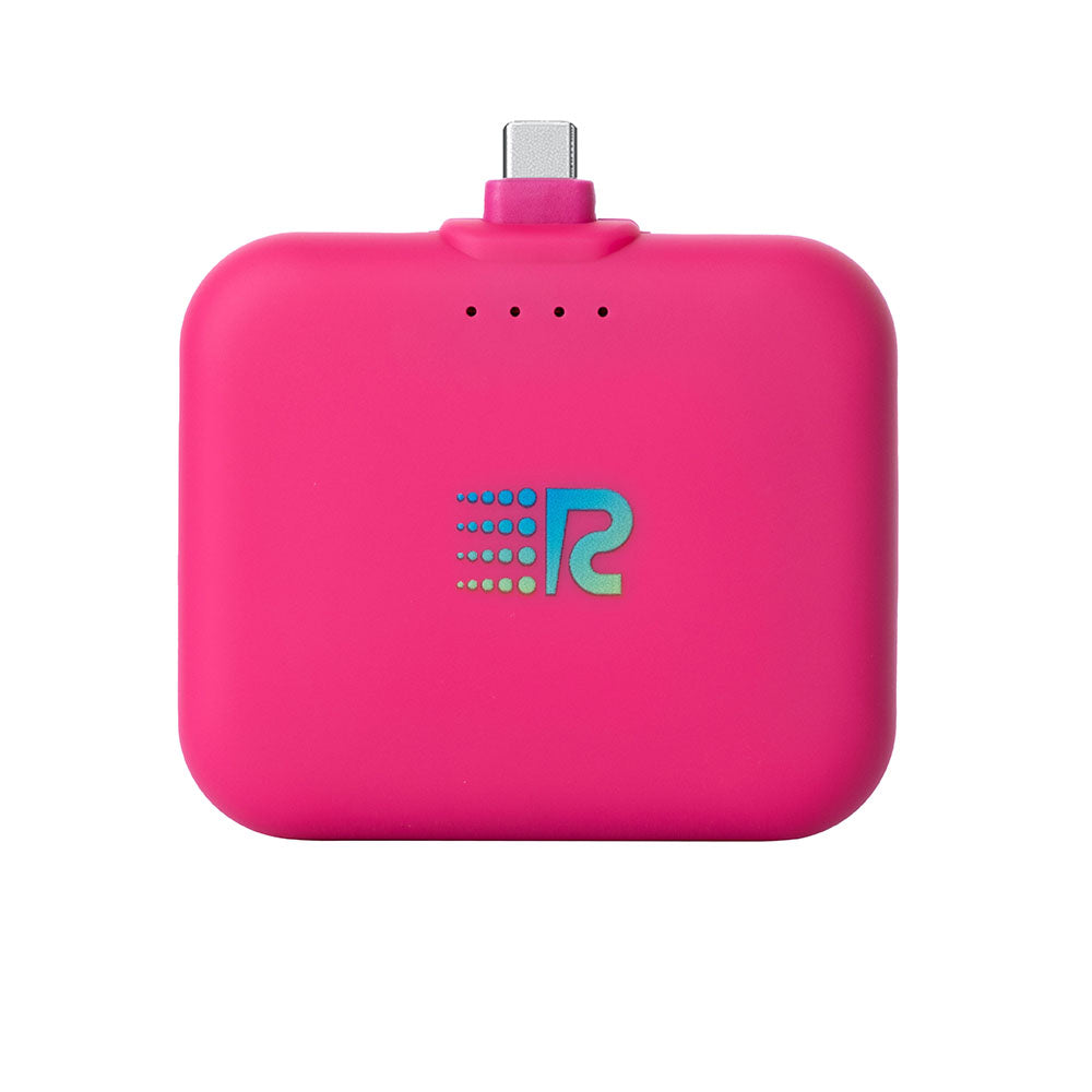 A compact and portable black charger with a logo on the front, featuring a single charging port.