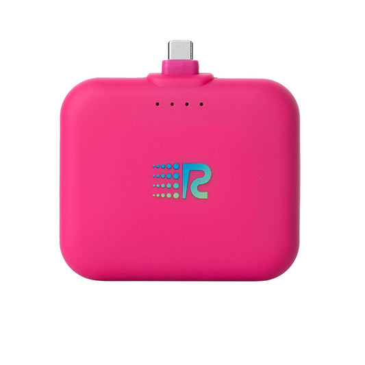A compact and portable black charger with a logo on the front, featuring a single charging port.