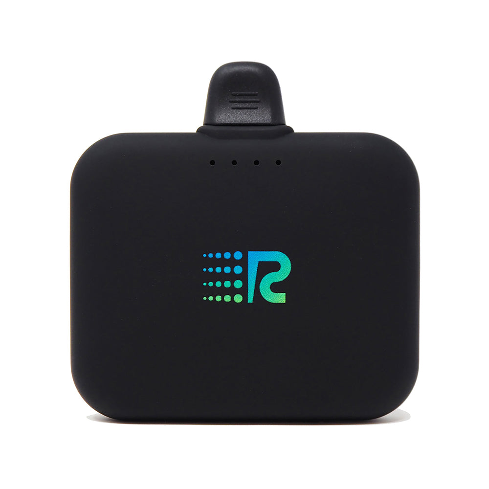 A compact and portable black charger with a logo on the front, featuring a single charging port.