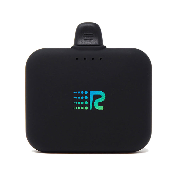 A compact and portable black charger with a logo on the front, featuring a single charging port.