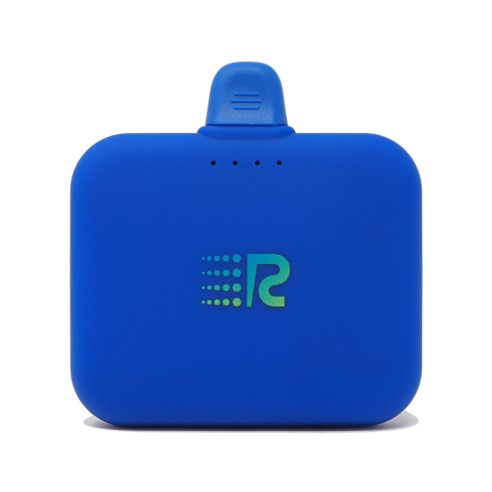A compact and portable black charger with a logo on the front, featuring a single charging port.