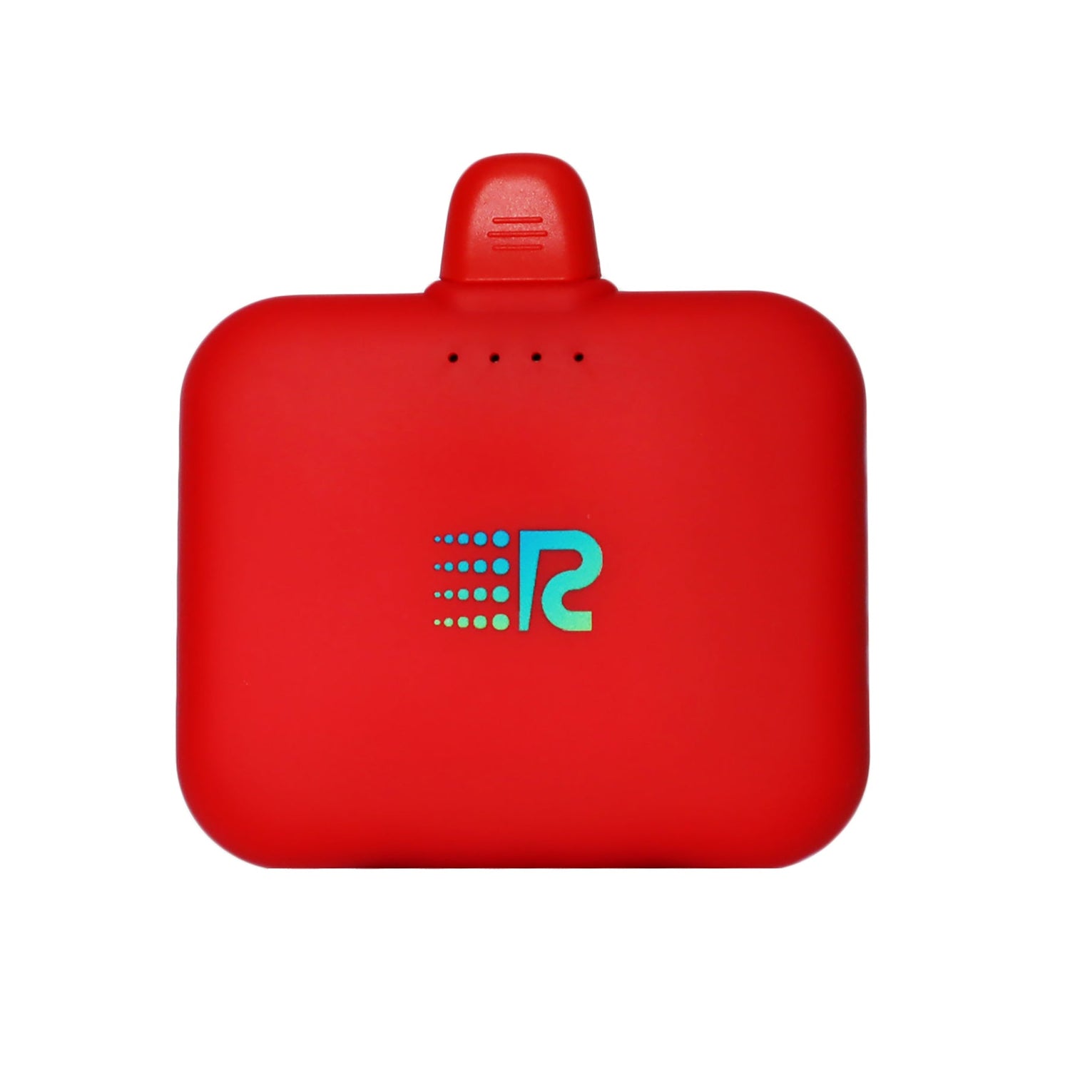 A compact and portable black charger with a logo on the front, featuring a single charging port.