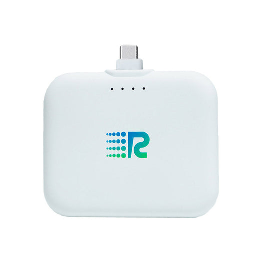 A compact and portable black charger with a logo on the front, featuring a single charging port.