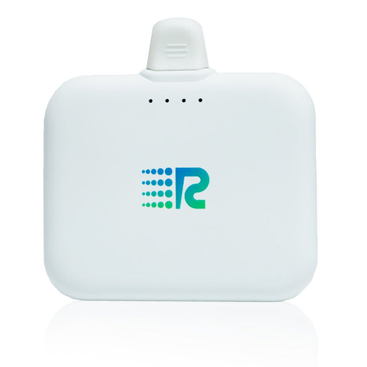 A compact and portable black charger with a logo on the front, featuring a single charging port.