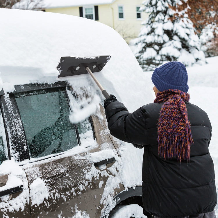 4-In-1 Telescoping Snow Broom + Ice Scraper | 18-Inch Foam Head | Headlights (Black)