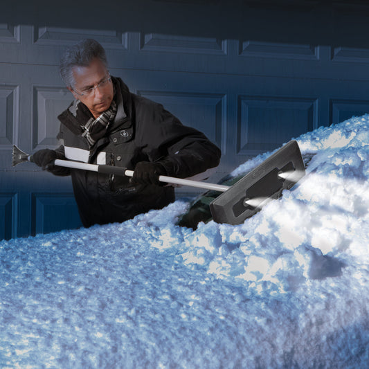 4-In-1 Telescoping Snow Broom + Ice Scraper | 18-Inch Foam Head | Headlights (Black)