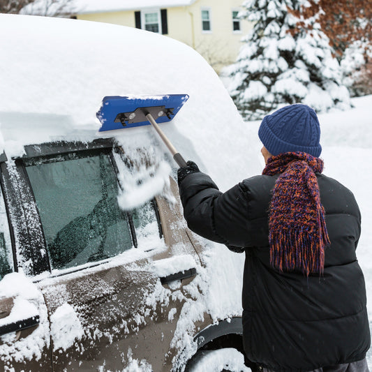 4-In-1 Telescoping Snow Broom + Ice Scraper | 18-Inch Foam Head | Headlights (Blue)