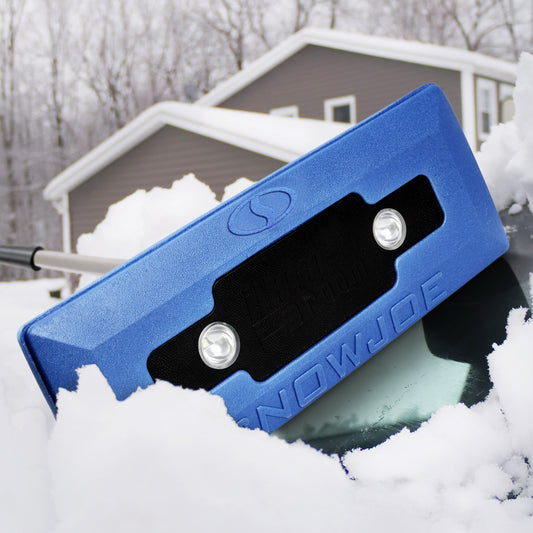 4-In-1 Telescoping Snow Broom + Ice Scraper | 18-Inch Foam Head | Headlights (Blue)
