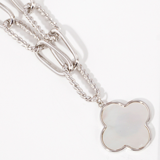 Mother of Pearl Clover on Twisted Link Chain-White Gold