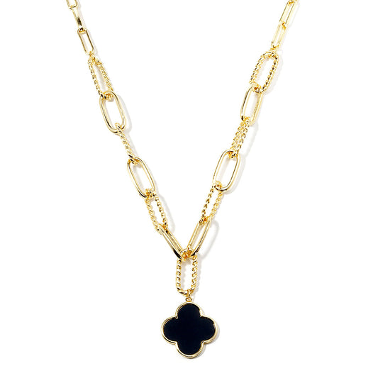 Mother of Pearl Clover on Twisted Link Chain-Gold/Black