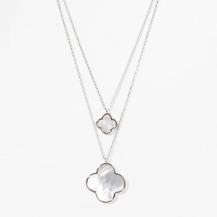 Double Clover Mother of Pearl Necklace-White Gold/Mother of Pearl