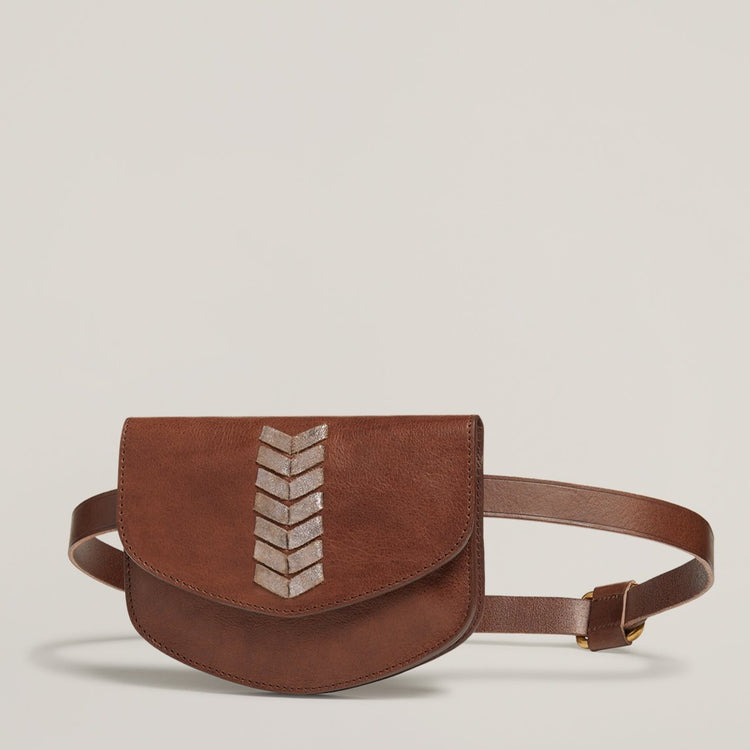 Front shot of Laced Up Leather Belt Bag in Chocolate
