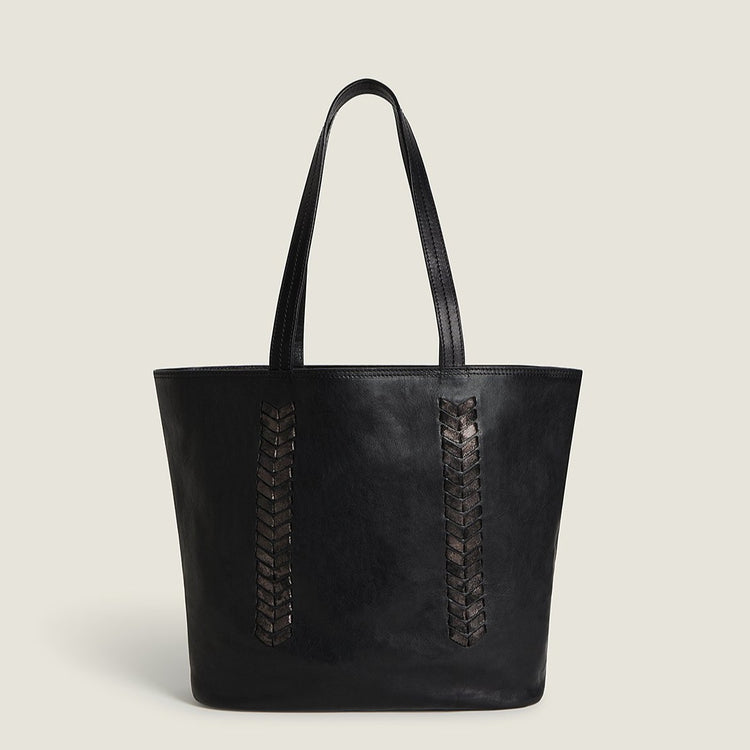 Front shot of Laced Up Leather Tote in Black