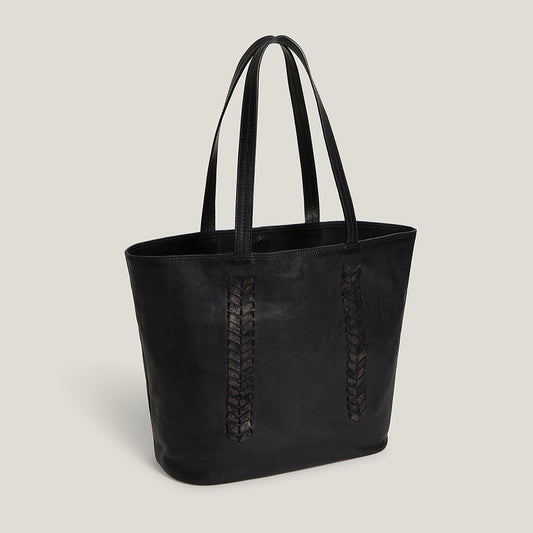 Side shot of Laced Up Leather Tote in Black
