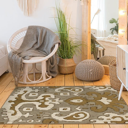 Ochre Ikat Grey Gold Washable Rug