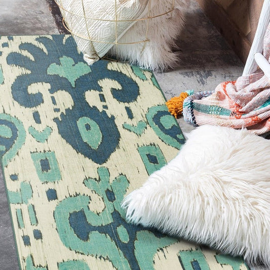 Ochre Ikat Steel Blue Washable Rug