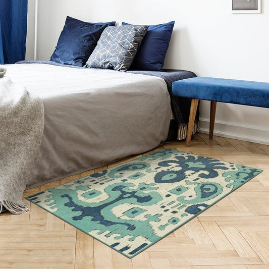 Ochre Ikat Steel Blue Washable Rug