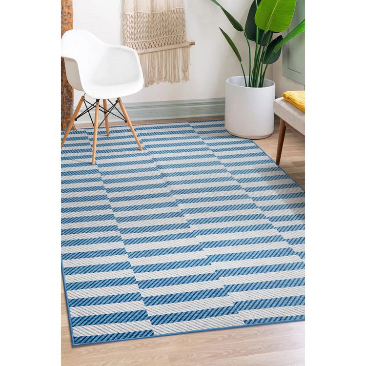 Tratti Offset Stripe Blue Washable Rug